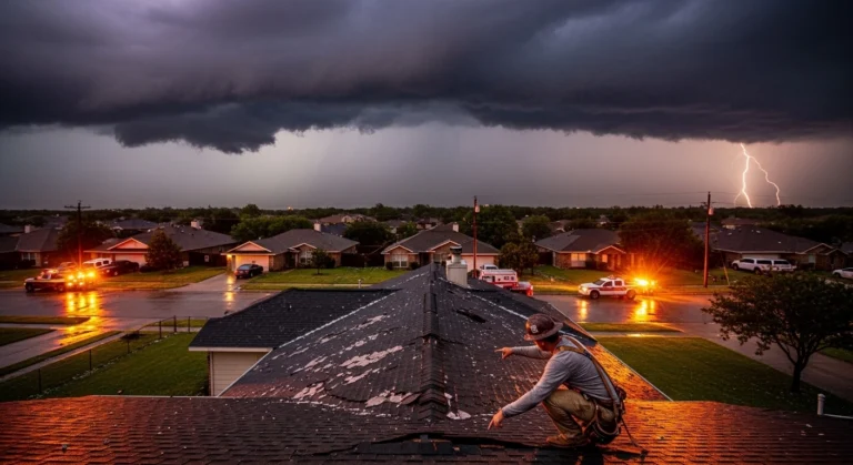 Storm damage inspection on Texas roof during hail season with roofing contractor capturing emergency leads
