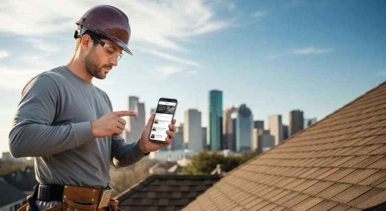 Roofing contractor in Houston checking Google rankings on smartphone showing local SEO mistakes